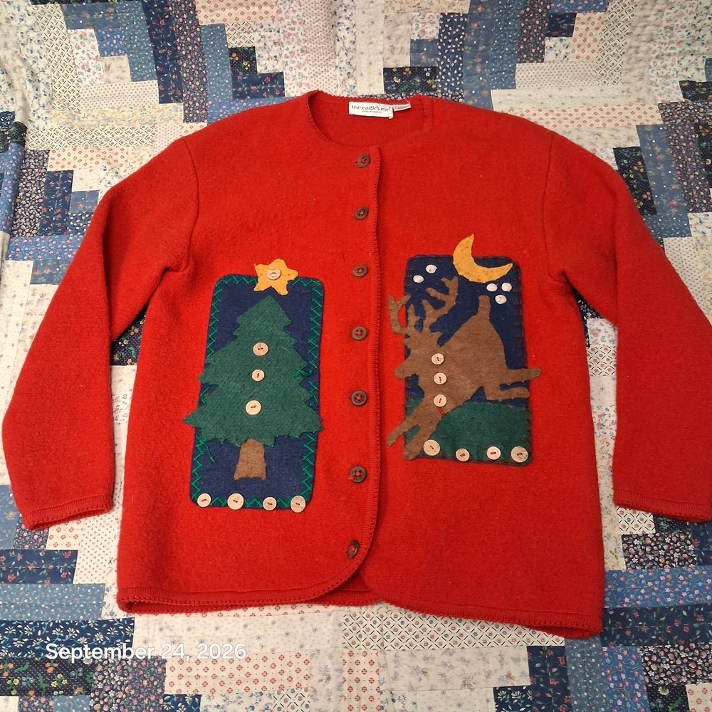 90s Vintage The Eagles Eye Reindeer Christmas Tree Wool Knit Cardigan Womens L